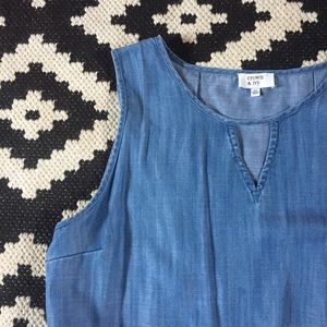 Sleeveless chambray denim swing dress w/ keyhole